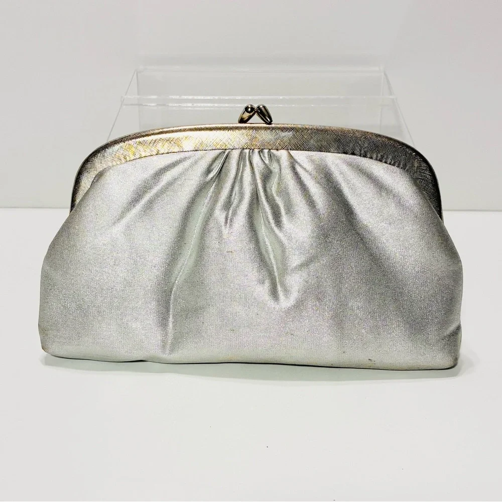 Vintage Made In Hong Kong Handmade Silver Fabric Clutch 9”W x 5.5”H
